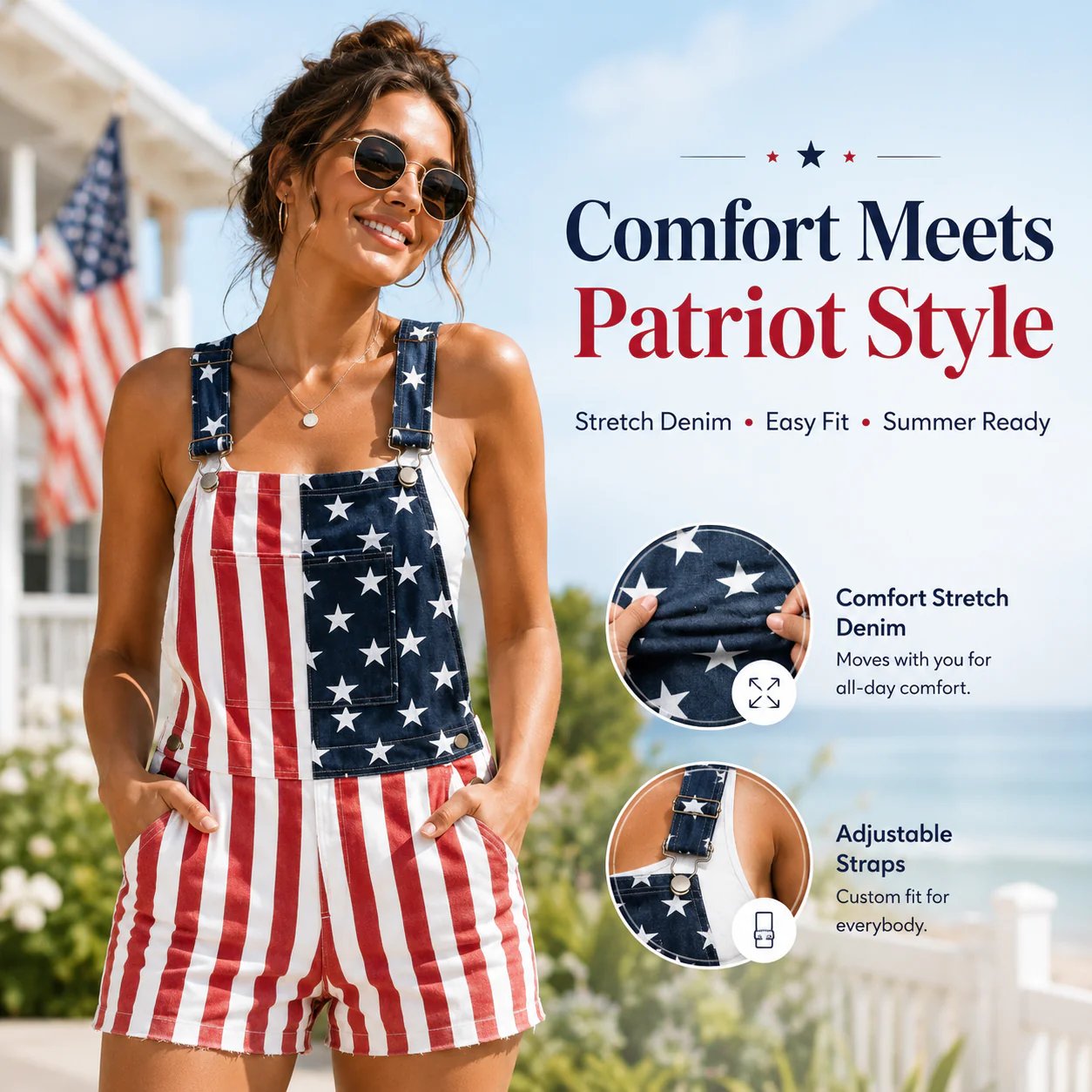 🇺🇸Men's and Women's American Flag Denim Overalls Stretch Shorts, Patriotic
